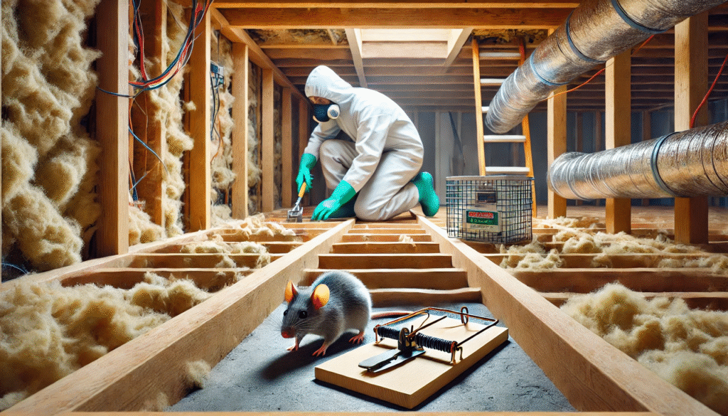 床を開けてネズミの巣にアクセスし、専用道具で駆除を行うリアルな住宅内の施工風景。DIYや専門業者による追い出し作業の具体的手順を示す画像。