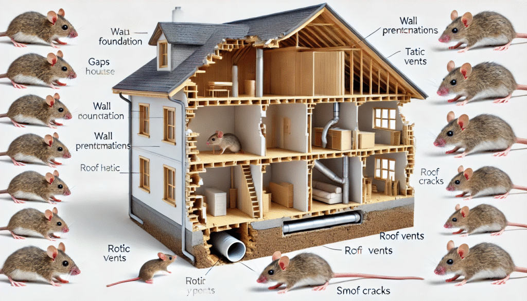 住宅外壁や配管まわりのすき間からネズミが侵入する様子を示したリアルな構造イメージ。ネズミの侵入経路と対策ポイントを視覚的に解説。