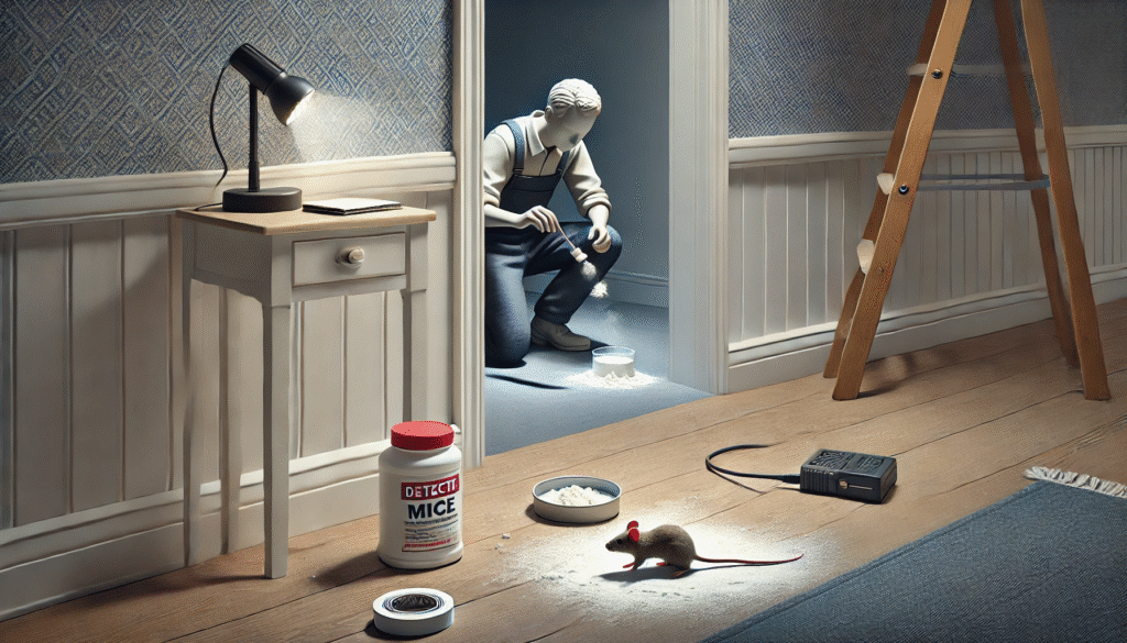 床に小麦粉を撒き、足跡でネズミの通路を特定しようとするDIY調査の様子。自宅でできるネズミの位置確認方法を示したリアルなシーン。