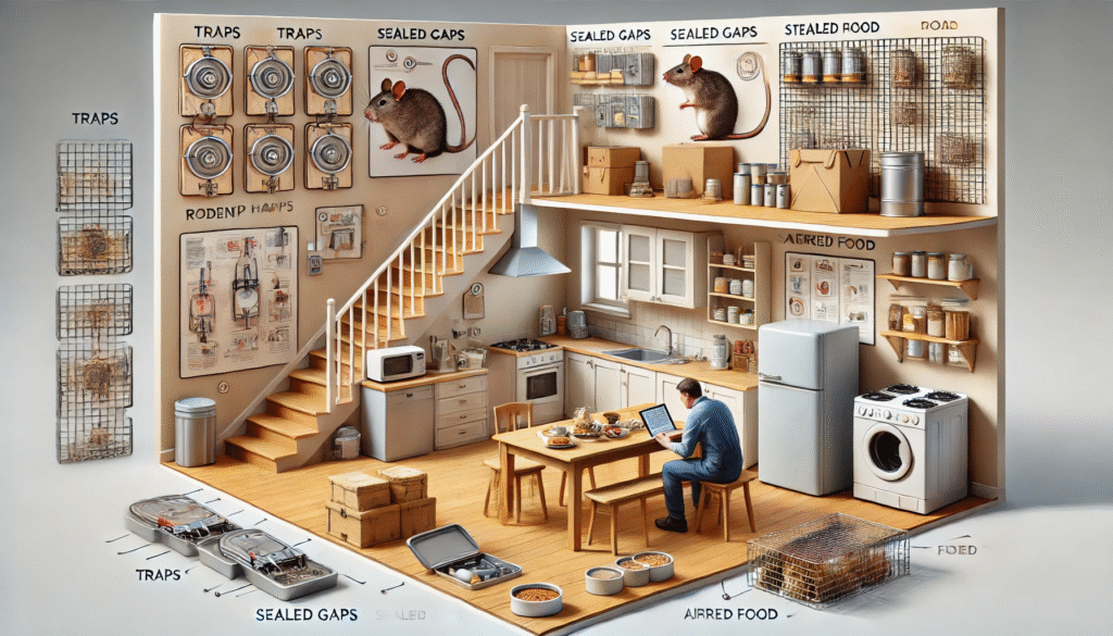 トラップ設置、隙間封鎖、食品保管など、ネズミ対策の全体像をまとめた住宅内のリアルな実践例。完全な対策プランの視覚ガイドとして機能する画像。