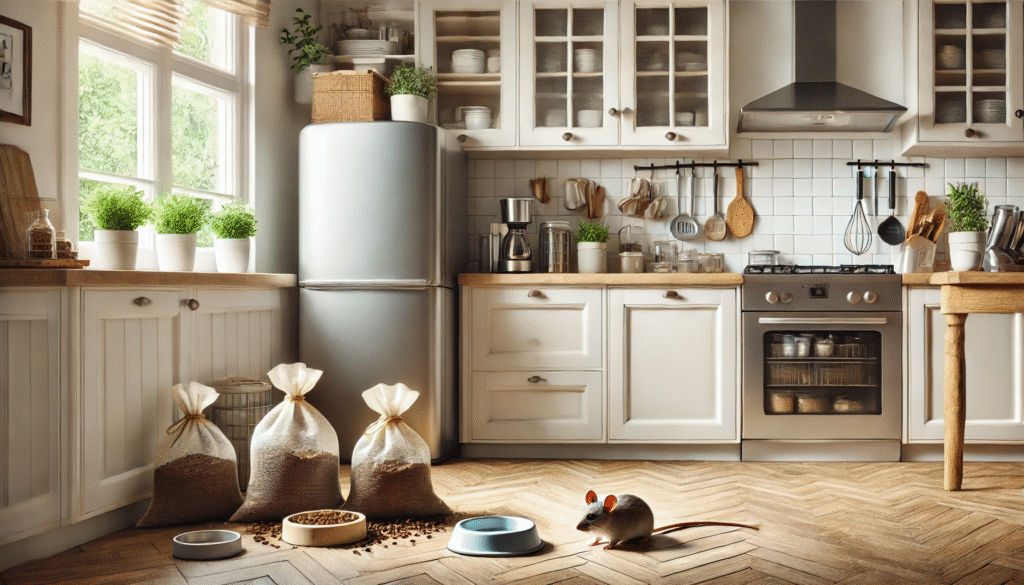 コーヒーかすパックや密閉容器で整えられた清潔なキッチン。自然なネズミ対策を取り入れた衛生的で安心な家庭環境を表現。