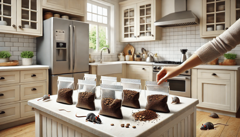 乾燥させたコーヒーかすを通気性のある小袋に詰め、キッチンの隅や家電裏に設置してネズミを忌避する様子。衛生的な環境で行う自然派のネズミ対策を視覚的に表現。