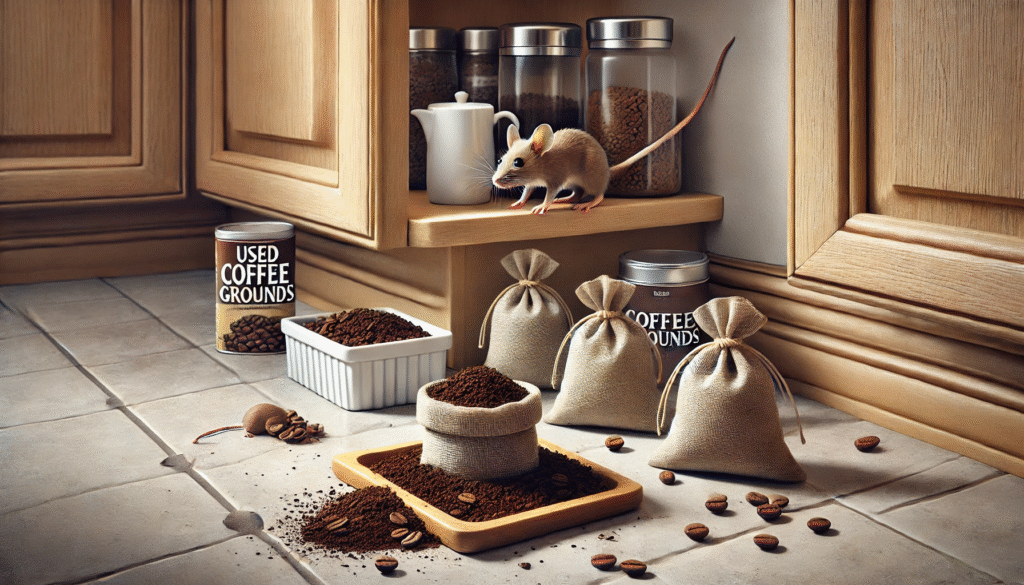 キッチンの隅に配置された乾燥コーヒーかすと、それに反応するネズミ。匂い対策の実践例。