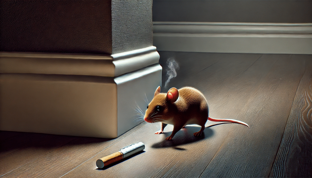 タバコの吸い殻が落ちた床に近づき、警戒するネズミ。タバコ臭へのネズミの反応を表すリアルな場面。