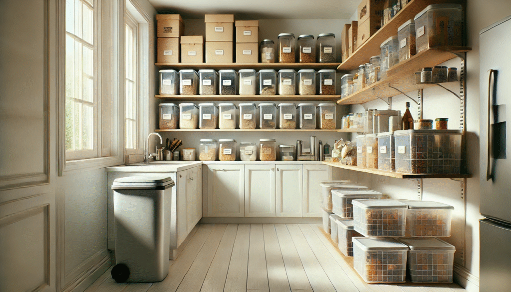 密閉容器で整理された食品棚と清掃されたキッチン。ネズミを寄せ付けない環境改善の理想的な状態。
