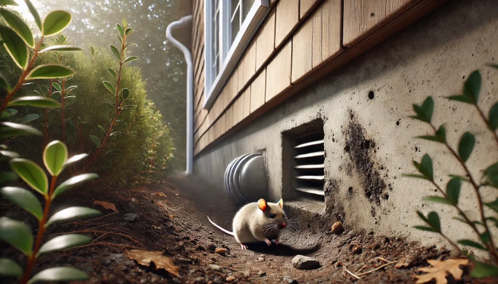 住宅の基礎部分にある小さな穴や通気口の破れなど、ネズミの侵入経路とラットサインが見られる外壁の画像