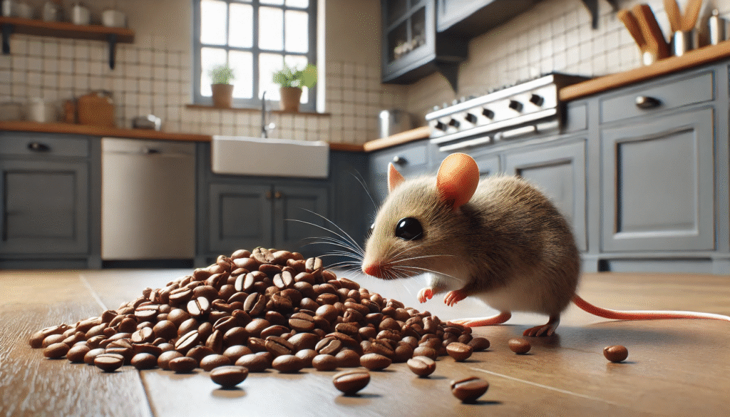 コーヒー豆のそばで匂いを嗅ぐネズミのリアルな様子。ネズミがコーヒーの香りに反応する様子を表現。