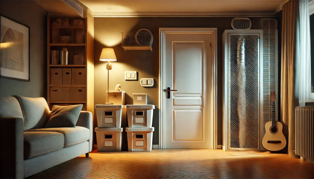 ドラフトストッパーや通気口の金網、防鼠収納を備えた夜のリビングルームの静かな様子を描いた対策総仕上げの画像