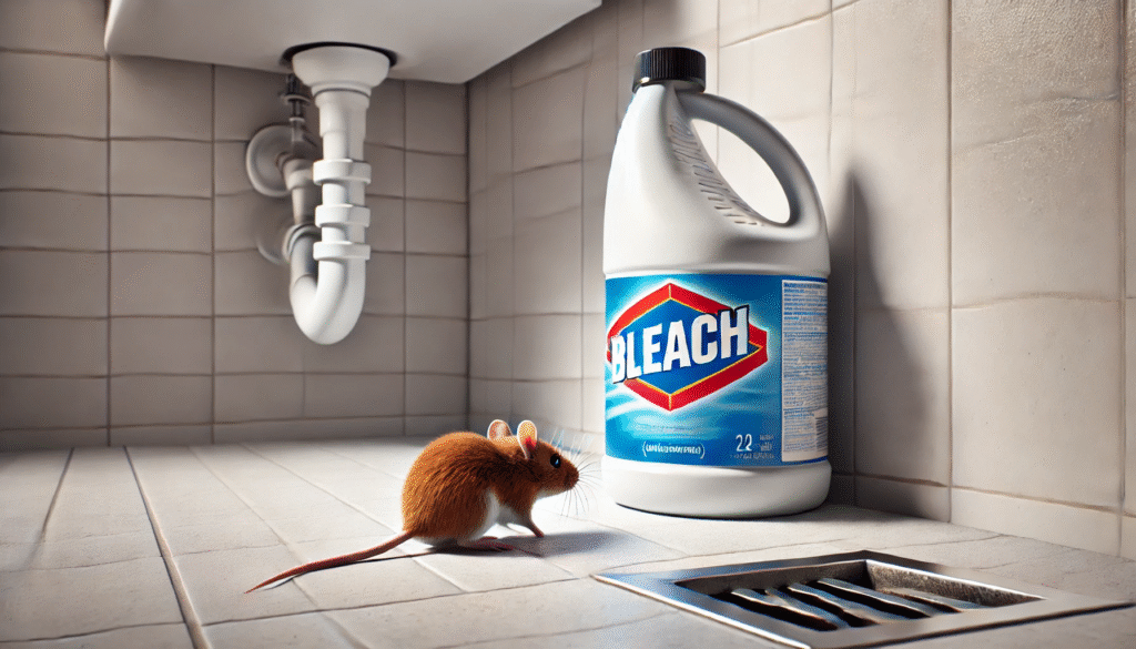 ハイター（塩素系漂白剤）付近から離れるネズミ。強い化学臭に対する警戒感を伝える画像。