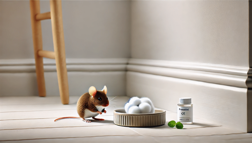 ペパーミントなどの精油が染み込んだ綿から離れるネズミ。アロマによる自然な忌避の活用イメージ。
