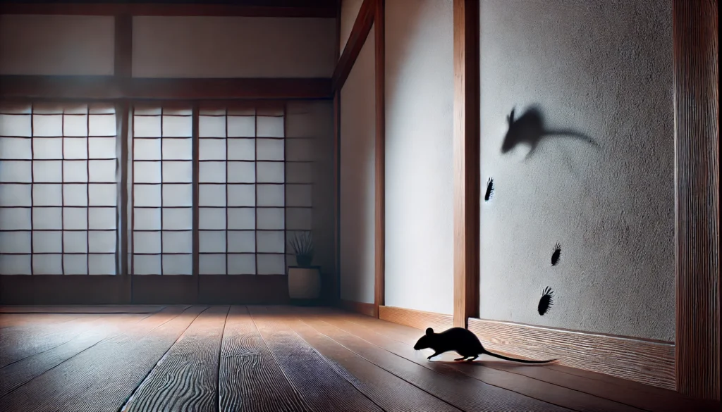 深夜の住宅内でネズミが壁沿いを移動し、爪の音とともに侵入の兆候が現れている様子をリアルに描いた画像