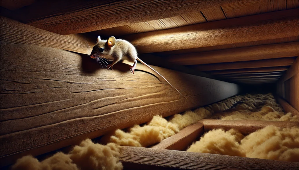 木造住宅の天井裏を走るネズミの爪音と移動痕が確認できる状況を示すリアルな住宅内部の描写