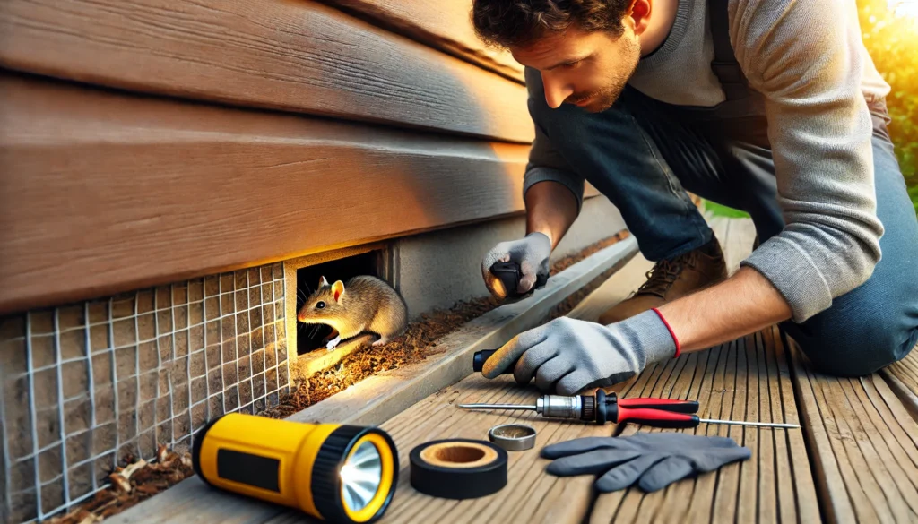 住宅の外壁や基礎の隙間を防鼠材で封鎖している様子を描いた、ネズミの爪音を防ぐための実践的な対策シーン