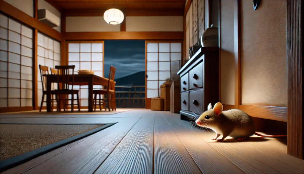 夜の室内でネズミが壁際から顔を出し、鳴き声を発する様子をリアルに再現したネズミ被害の初期兆候を表す画像