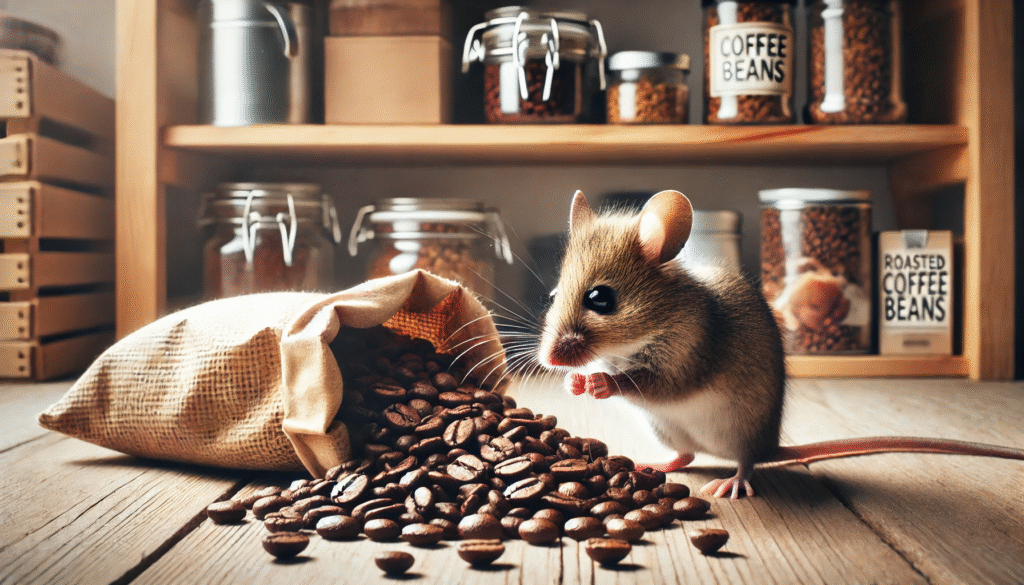 コーヒー豆のこぼれた床を嗅ぐネズミ。食べ物としての関心より匂いへの反応を示すシーン。