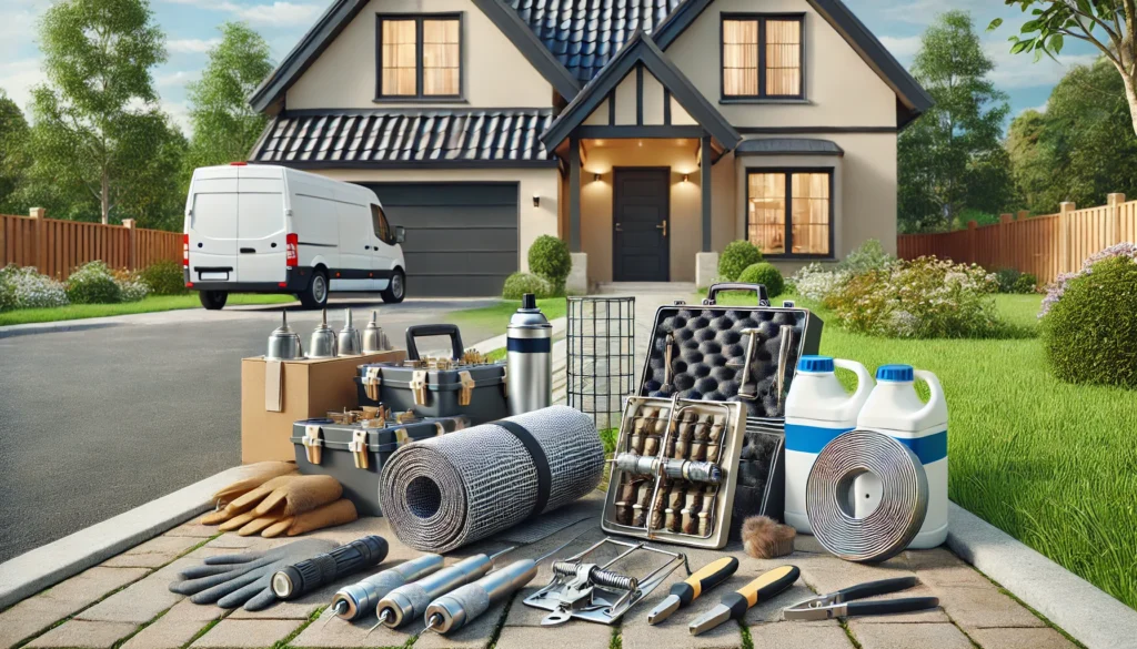 駆除業者が使用する防鼠資材やトラップなどの道具が住宅前に整然と並べられている、作業準備のプロ視点の画像