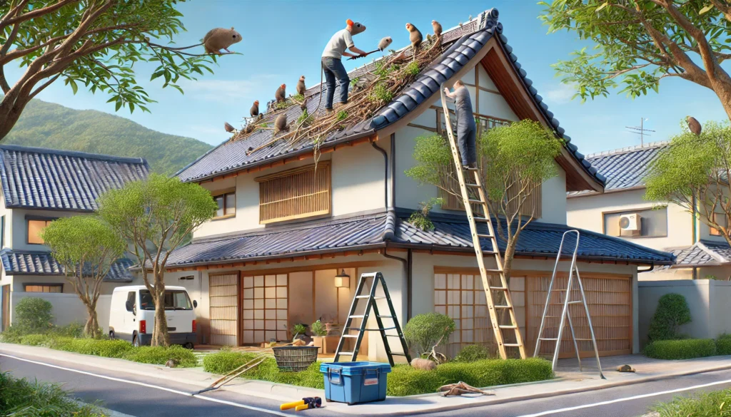 ネズミの再侵入を防ぐために庭木を剪定している一軒家の屋外メンテナンスの様子を表現した予防対策の画像