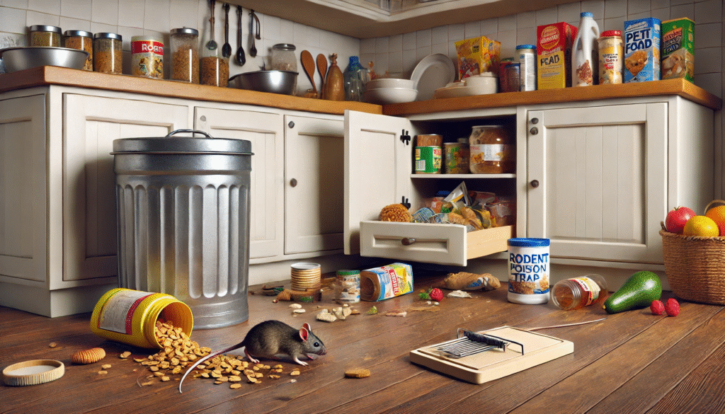 食べ物の放置や誤った毒餌の設置など、ネズミ対策でありがちなNG行動をリアルに表現した住宅内の様子。初動対応の重要性を伝える画像。