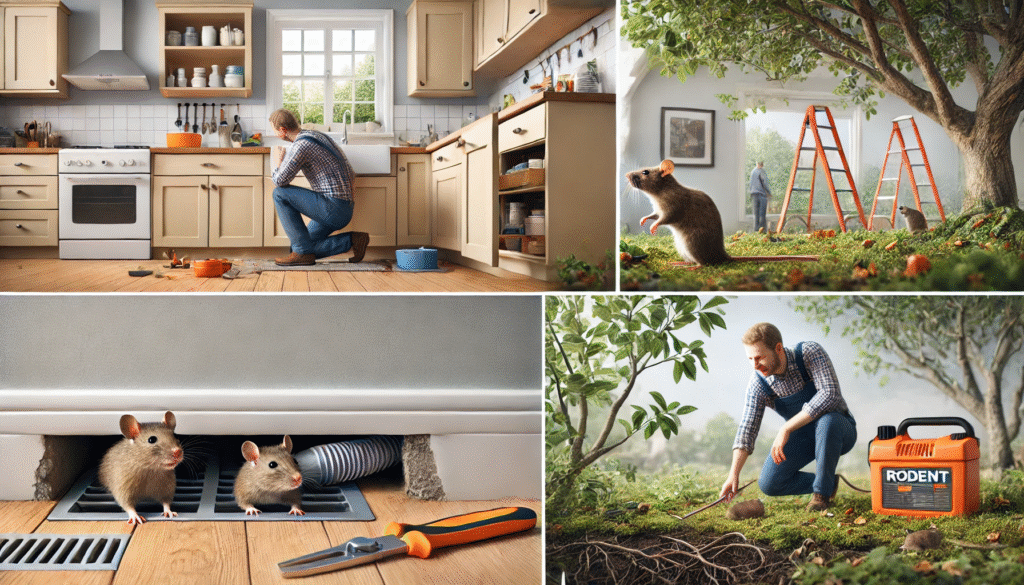 家庭でのネズミ再発防止のための定期的な点検と掃除作業の様子。換気口の確認や庭の剪定など、日常でできる予防行動をリアルに描写。