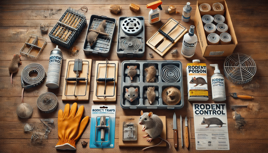 粘着シート、バネ式トラップ、忌避剤、毒餌などのネズミ駆除アイテムを並べたリアルな比較画像。自宅で使える駆除ツールの種類と特徴を視覚的に紹介。