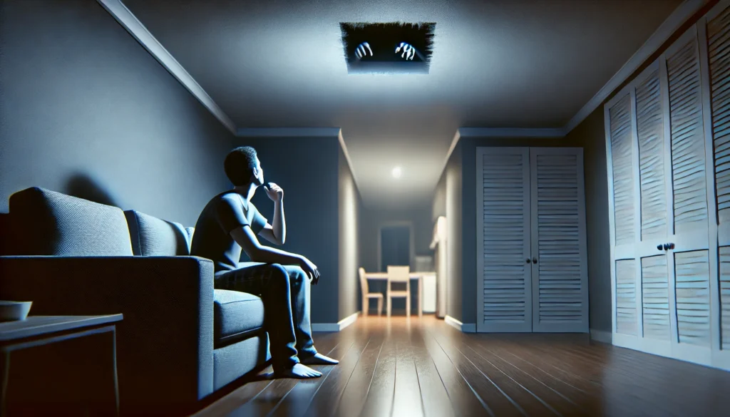 夜間に天井からのカリカリ音を気にする住人の様子を通じて、ネズミの存在を探る判断場面を再現した画像