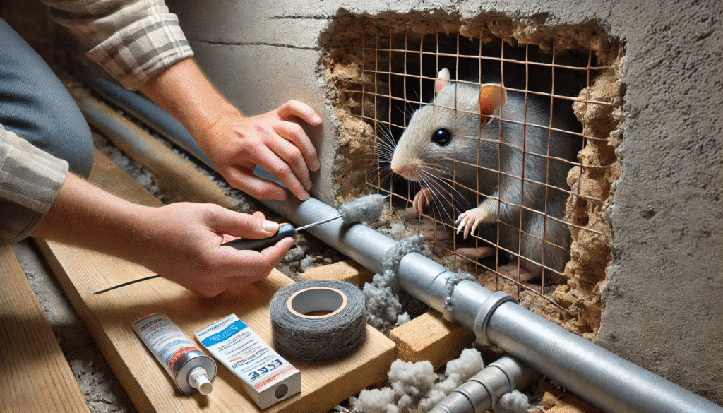 住宅の配管まわりの隙間を金属メッシュや防鼠パテで封鎖しているリアルな作業風景。再侵入を防ぐための適切な封鎖方法と素材選定を解説する画像。
