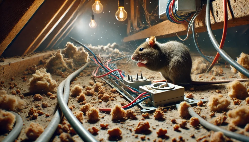 ネズミによる住宅内の電線被害や断熱材の汚染、糞尿による衛生リスクを可視化した屋根裏の被害現場イメージ