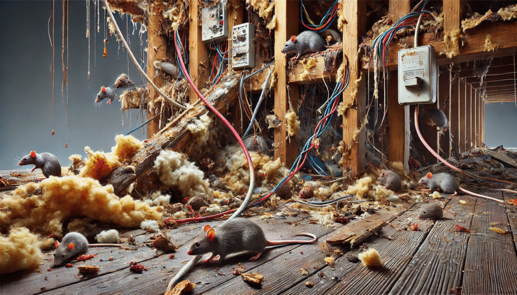 ネズミによってかじられた電気配線や、糞尿による腐敗が進む住宅内部のリアルな被害例。放置による二次被害の危険性を伝える画像。