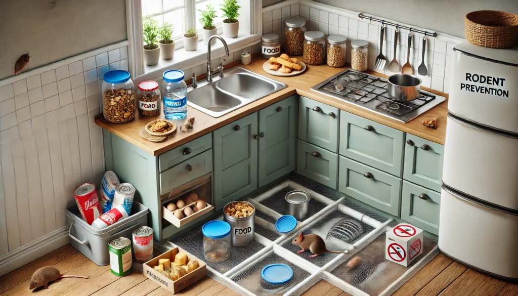 キッチンにおけるネズミ対策として密閉容器、清掃された環境、配管周りの封鎖を取り入れた清潔な室内環境の画像