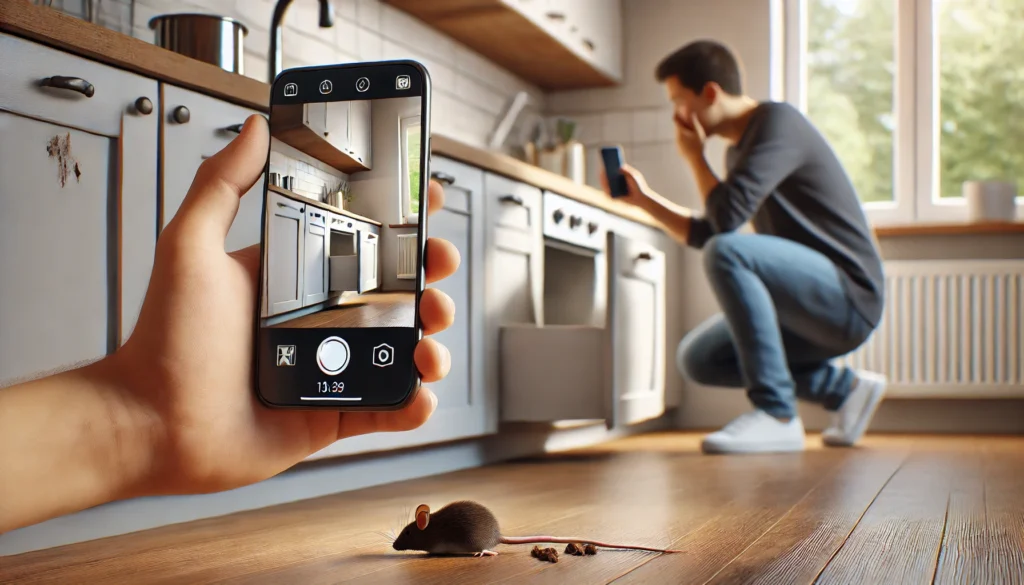 ネズミの痕跡をスマートフォンで撮影し、管理会社に報告する賃貸住人の様子を再現した自己対応シーンの画像