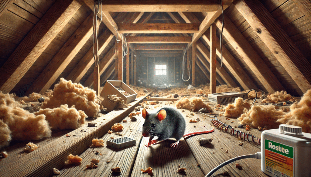 ネズミのフン、配線のかじり跡、尿による汚れなど、住宅内のネズミ被害をリアルに再現した画像。健康リスクの兆候を把握するためのビジュアル参考。