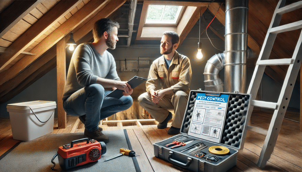 駆除業者と住人が家の構造を確認しながら打ち合わせを行うリアルな室内シーン。プロに依頼する際のチェックポイントと費用感を伝える画像。