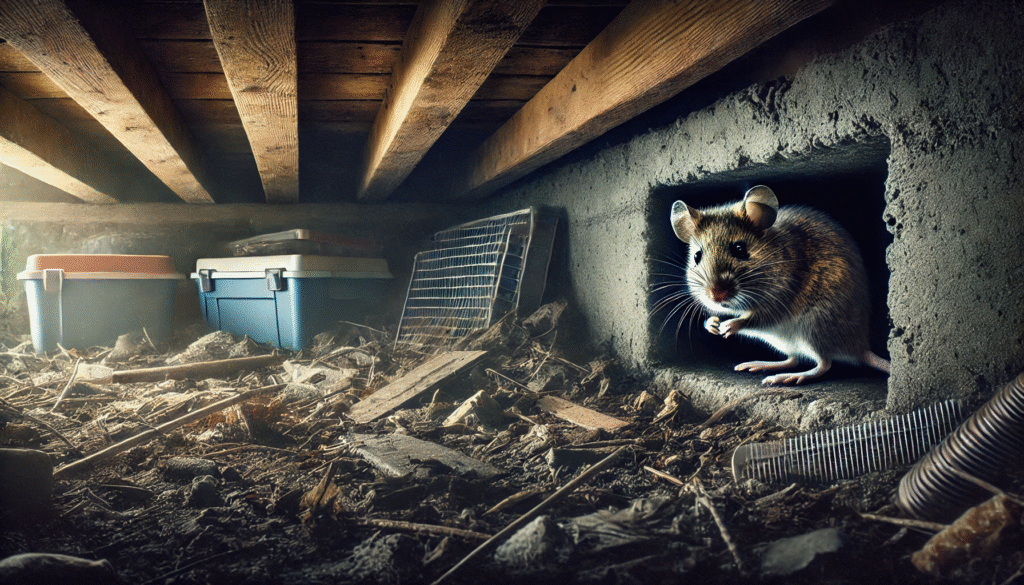 建物の下に隠れるネズミが、住処を変えて再侵入の機会を狙っている様子