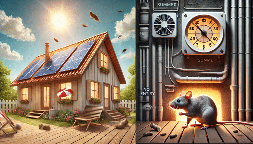 夏の暑さに弱いネズミが遮熱対策された住宅周辺に近づけずにいるシーン