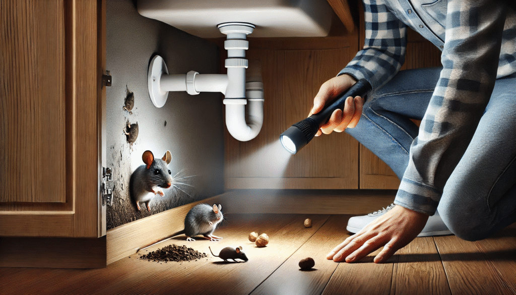 懐中電灯でシンク下を点検する人と、ネズミの糞や齧り跡など痕跡を調べる場面