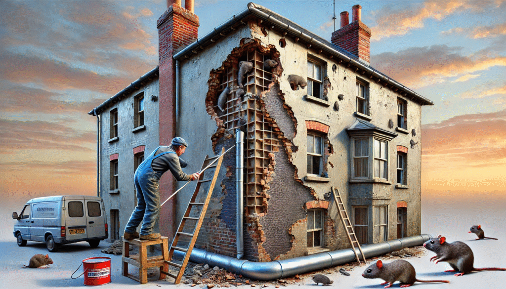 老朽化した家の外壁を補修し、ネズミの侵入口を封鎖する対策作業の様子