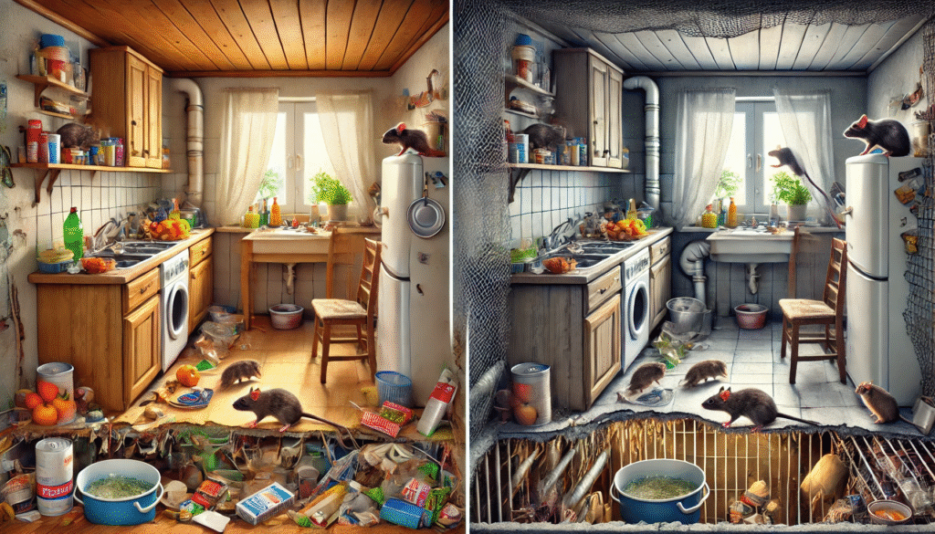 食べ物の放置や隙間のある家と、ネズミ侵入を防ぐ対策が施された家の対比画像