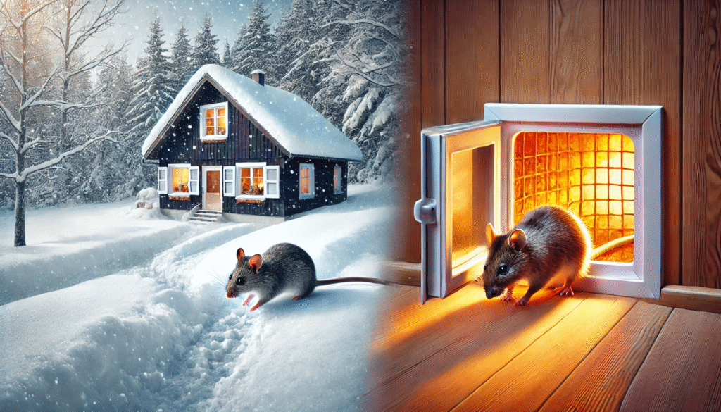 寒い冬に外の雪を避けて暖かい屋内へ侵入したネズミの様子