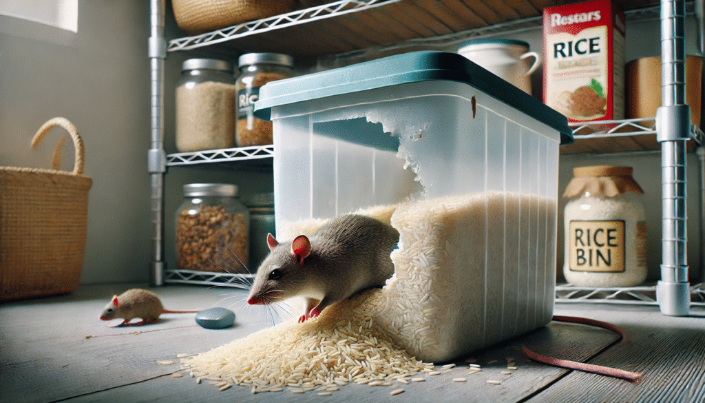 蓋の閉まりが甘いプラスチック米びつにネズミが近づいている様子。ネズミの侵入リスクと米びつの管理不備を示すシーン。