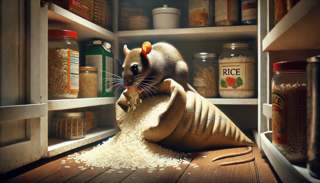 キッチンの棚でネズミが米袋をかじり、米粒がこぼれている様子。ネズミによる米への食害被害を示すリアルな状況。
