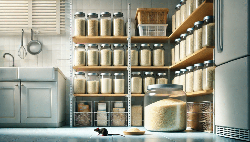 密閉容器に保管された米が整然と並ぶ清潔なキッチン収納。ネズミ対策と食品衛生管理が徹底された理想的な保管環境。
