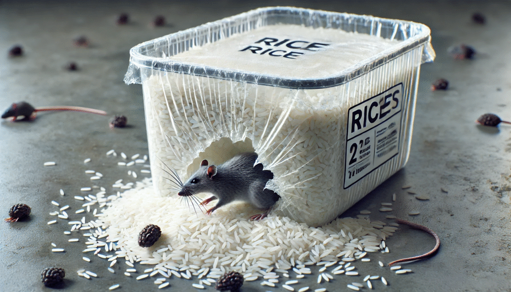 かじり跡のある米袋と周囲のネズミのフンが示す衛生リスク。病原菌の媒介と食品汚染の可能性を示唆する場面。