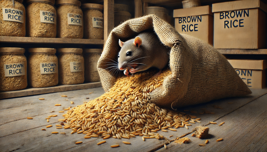 ネズミがかじった痕跡のある玄米袋と、こぼれた玄米が広がる光景。ネズミが玄米を狙う原因と保管リスクを示す。