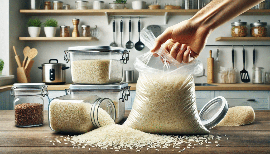 破れた米袋の代わりに、ガラス製の密閉容器へ米を移し替えている場面。ネズミの侵入対策としての米の適切な保管方法。