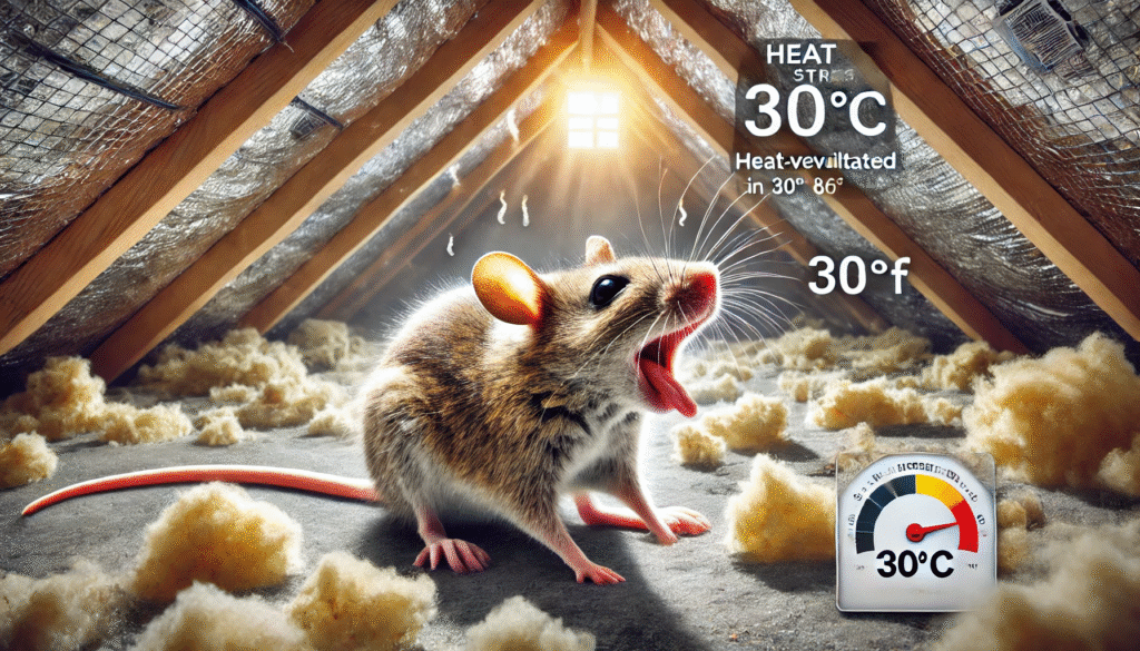 高温の屋根裏で熱中症のようにぐったりしているネズミの様子