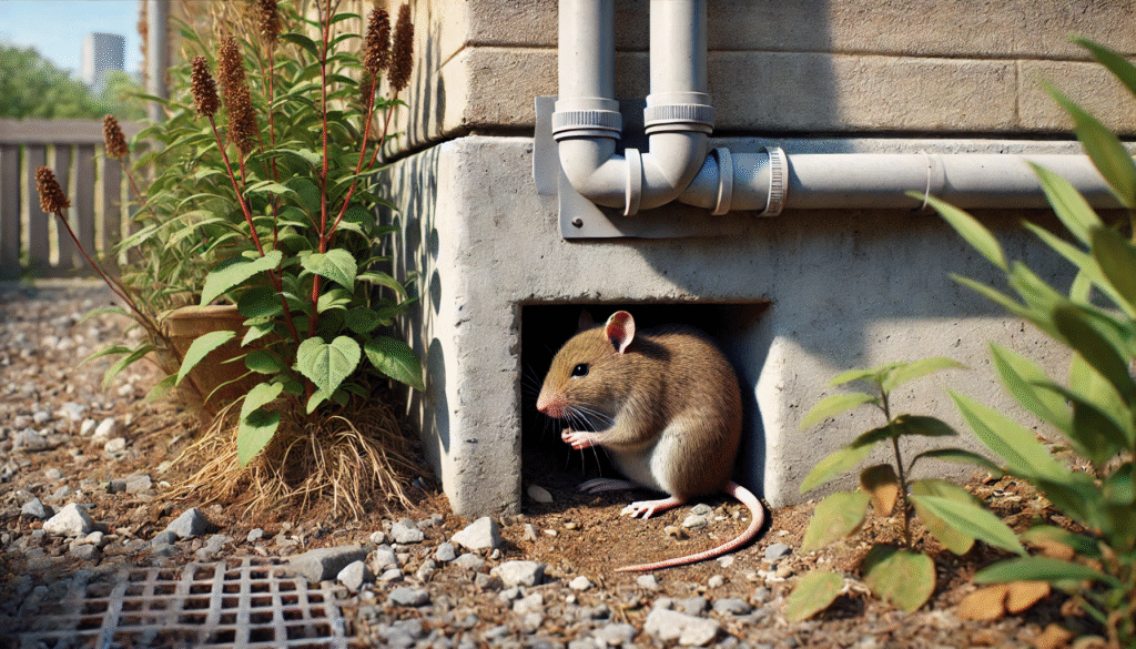 夏の屋外で日陰に隠れるネズミが暑さを避けて行動しているシーン