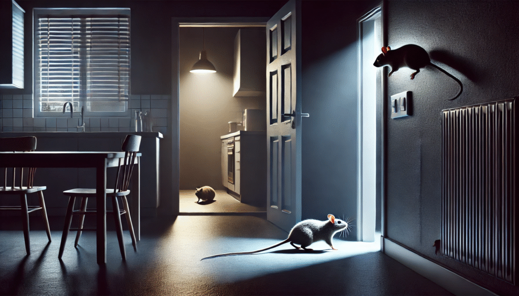 夜間に室内で活動するネズミが明かりの中で壁沿いを移動している場面