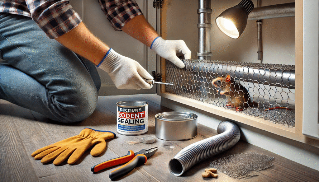 キッチンの隙間を金属メッシュとパテで封鎖している作業中の様子。ネズミの侵入を防ぐための物理的対策の実例。