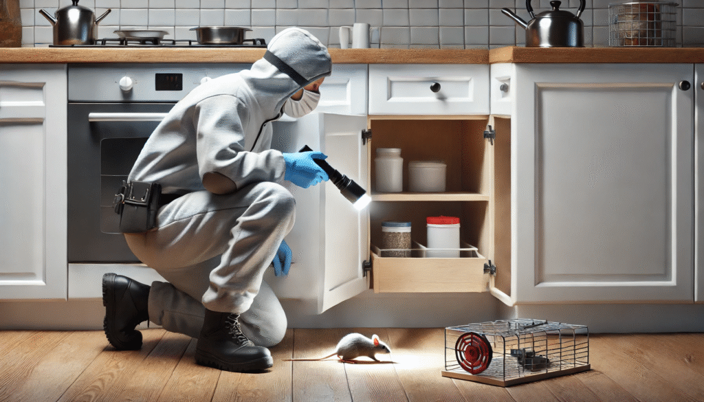 ネズミ被害調査中の専門業者がキッチンの隅を点検している場面。本格的な駆除と侵入経路の確認の重要性を示す。