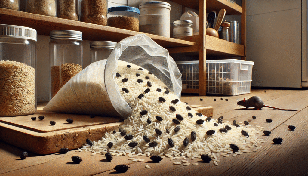 こぼれた米の周囲にネズミのフンが落ちている不衛生な状態。食品衛生リスクとネズミ被害の危険性を強調する画像。